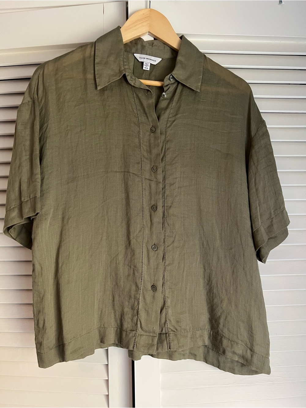 Club Monaco Olive Ramie Button Down Shirt Blouse M